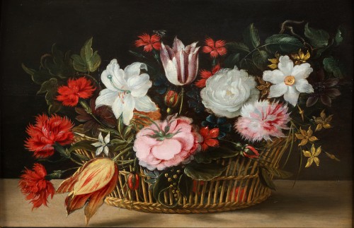 Nature morte aux fleurs dans un panier en osier - École hollandaise du XVIIe siècle