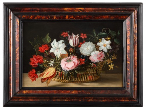 Tableaux et dessins Tableaux XVIIe siècle - Nature morte aux fleurs dans un panier en osier - École hollandaise du XVIIe siècle