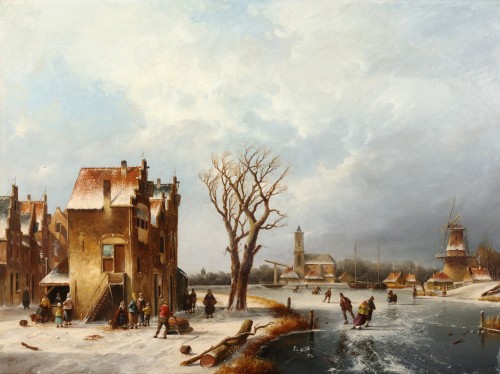 Un paysage d'hiver avec des patineurs sur la glace - Jan Jacob Coenraad Spohler