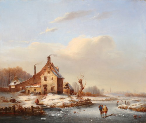 A winter scene with skaters on a frozen river   - Charles Venneman - Paintings & Drawings Style 