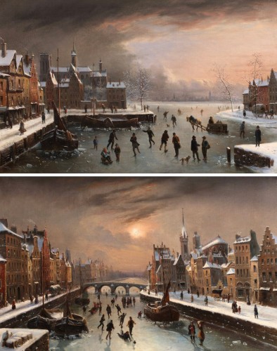 Two animated cityscapes with skaters on the ice - Henri van Wyk