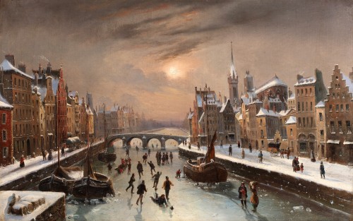 Two animated cityscapes with skaters on the ice - Henri van Wyk - Paintings & Drawings Style 