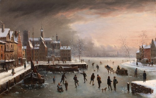 Paintings & Drawings  - Two animated cityscapes with skaters on the ice - Henri van Wyk