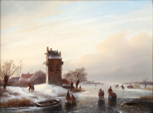 Winterscene with skaters on the ice - Jan Jacob Spohler (1811 - 1866) 