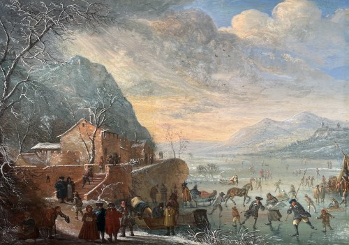 Paysage d'hiver avec patineurs - Louis Chalon (1687 - 1741) - Tableaux et dessins Style 