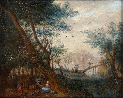 Paintings & Drawings  - Landscape with travelers crossing a bridge - Joseph van Bredael 