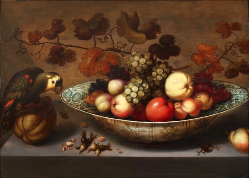 Nature morte avec un bol en faïence et un perroquet - Johan Bouman (1601 - 1635) - Tableaux et dessins Style 