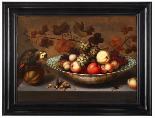 Tableaux et dessins Tableaux XVIIe siècle - Nature morte avec un bol en faïence et un perroquet - Johan Bouman (1601 - 1635)