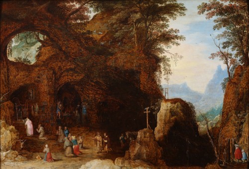 Mountain landscape with pilgrims in a grotto Chapel - Joos de Momper