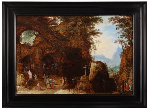 Mountain landscape with pilgrims in a grotto Chapel - Joos de Momper - Paintings & Drawings Style 