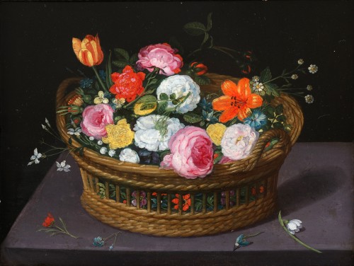 A still life with a basket of flowers - Flemish school  of the 17th century