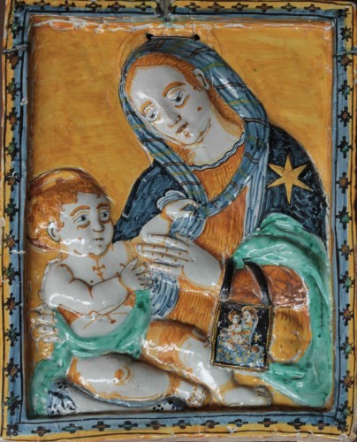 Deruta (Italy) earthenware plaque depicting the Virgin and Child Jesus, 17c - Porcelain & Faience Style Louis XIV