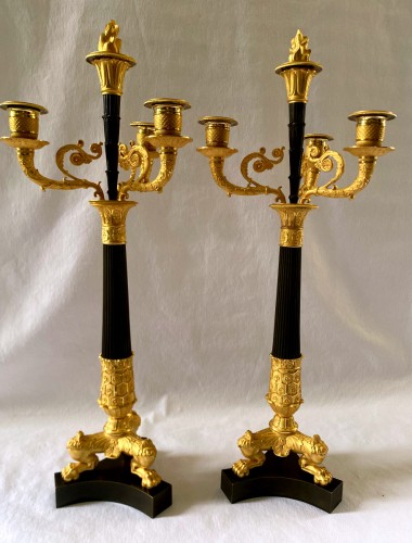Paire de candélabres empire en bronze doré et patiné - Luminaires Style Empire