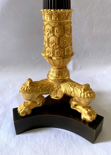 XIXe siècle - Paire de candélabres empire en bronze doré et patiné