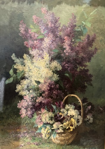 Large oil on canvas, Lilacs and Pansies , FURCY de LAVAULT, circa 1880