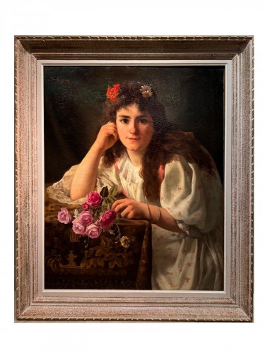 Portrait of a young girl with a bouquet of roses, V.HUGON, 1896