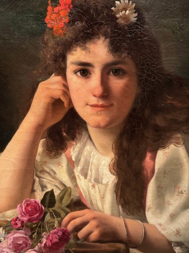 Portrait d'une jeune fille au bouquet de roses, V.HUGON, 1896 - Tableaux et dessins Style Art nouveau