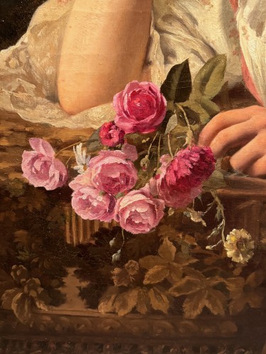 Tableaux et dessins Tableaux XIXe siècle - Portrait d'une jeune fille au bouquet de roses, V.HUGON, 1896