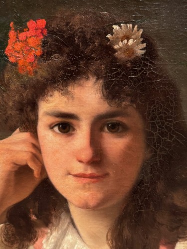 19th century - Portrait of a young girl with a bouquet of roses, V.HUGON, 1896