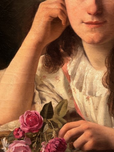 Portrait of a young girl with a bouquet of roses, V.HUGON, 1896 - Art nouveau