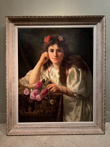 Antiquités - Portrait of a young girl with a bouquet of roses, V.HUGON, 1896