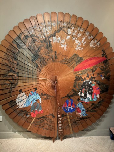 Very large decorative painted wood fan, Japan, circa 1920