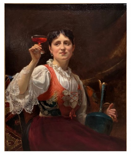 A young woman holding a glass of wine, A .DELECLUSE Paris 1885