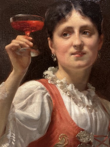 A young woman holding a glass of wine, A .DELECLUSE Paris 1885 - 