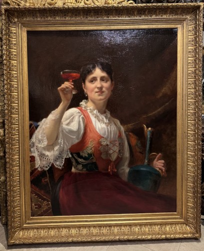 Antiquités - A young woman holding a glass of wine, A .DELECLUSE Paris 1885