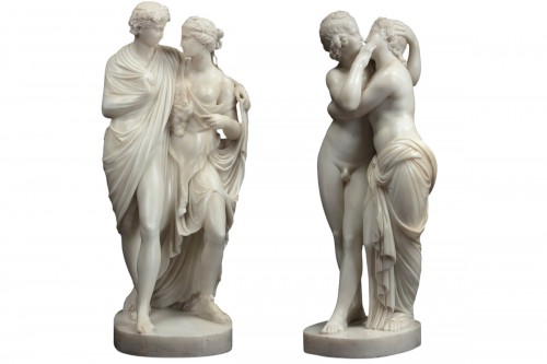 Bacchus and Ariadne and Cupid and Psyché, pair of marble sculptures