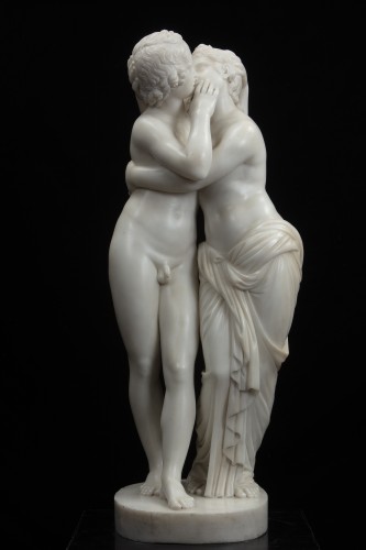 Bacchus et Ariane et Amour et Psyché, paire de sculptures en marbre blanc - 