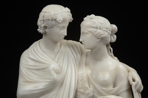  - Bacchus et Ariane et Amour et Psyché, paire de sculptures en marbre blanc