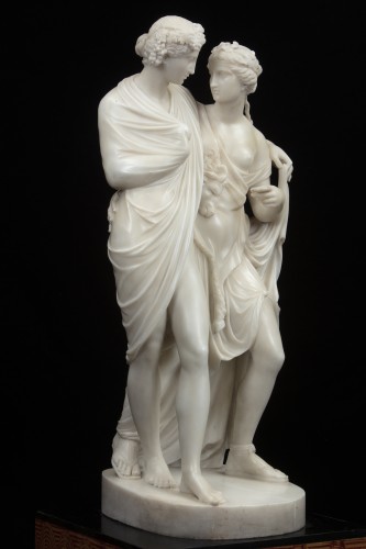 Antiquités - Bacchus et Ariane et Amour et Psyché, paire de sculptures en marbre blanc