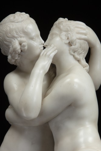 Antiquités - Bacchus et Ariane et Amour et Psyché, paire de sculptures en marbre blanc