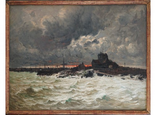 The entrance to Barfleur harbor in heavy weather, Frank Boggs (1855-1910)