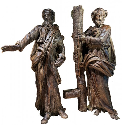 Important Pair Of Sculptures Of Saint Peter And Saint Paul - 17th Century