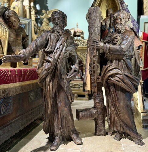 Important Pair Of Sculptures Of Saint Peter And Saint Paul - 17th Century - Religious Antiques Style 