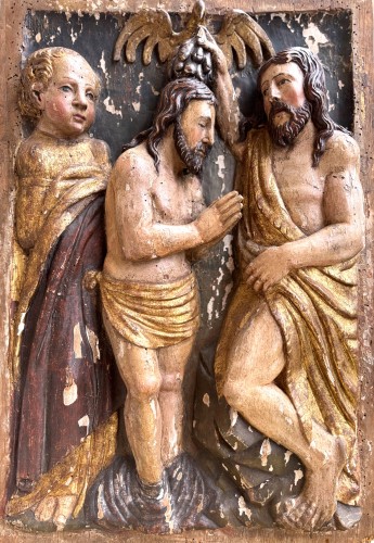 Le baptême du Christ, panneau en bois Italien de la fin du XVIe ou du début XVIIe