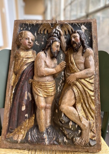 Art sacré, objets religieux  - Le baptême du Christ, panneau en bois Italien de la fin du XVIe ou du début XVIIe