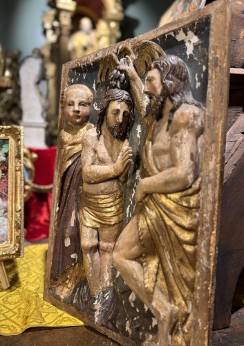 Antiquités - Le baptême du Christ, panneau en bois Italien de la fin du XVIe ou du début XVIIe