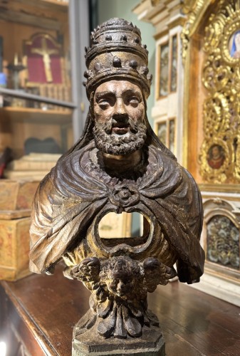 Religious Antiques  -  Reliquary Bust Of Saint Pope,Italy  late 17th early 18th century