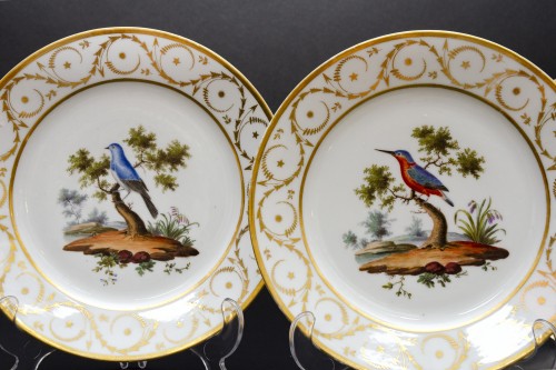 Antiquités - Série de 6 assiettes aux oiseaux de Buffon, Halley à Paris époque Empire