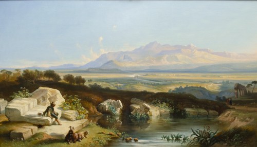 Vue de la campagne romaine, Ferdinand Joseph Bernard Marinus (1808-1890) Daté 1857 - Tableaux et dessins Style Napoléon III