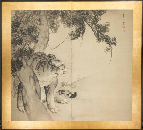 A Japanese two-panel Screen Depicting A Tiger Under A Matsu