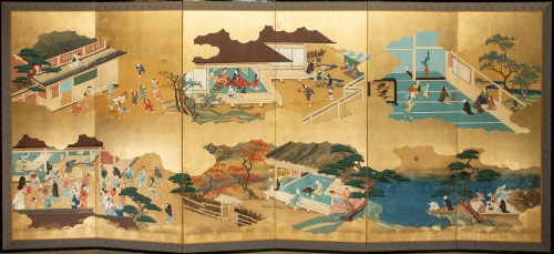 A Six-panel Japanese Screen Depicting Scenes Of Daily Life