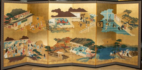 A Six-panel Japanese Screen Depicting Scenes Of Daily Life - 