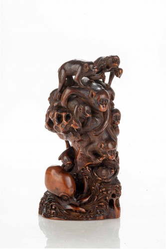 A Boxwood Okimono Depicting A Group Of Monkeys With An Octopus - Asian Works of Art Style 