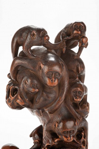  - A Boxwood Okimono Depicting A Group Of Monkeys With An Octopus