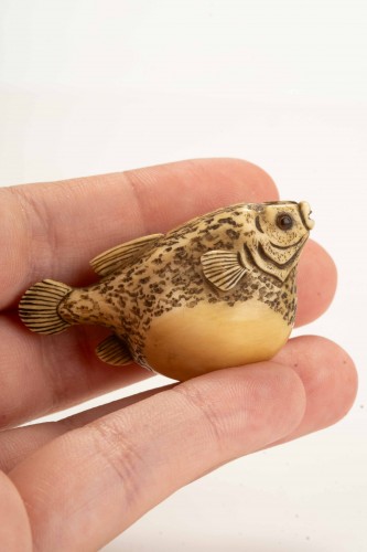 An Ivory Netsuke Depicting Fugu, Signed Gyokuzan - 