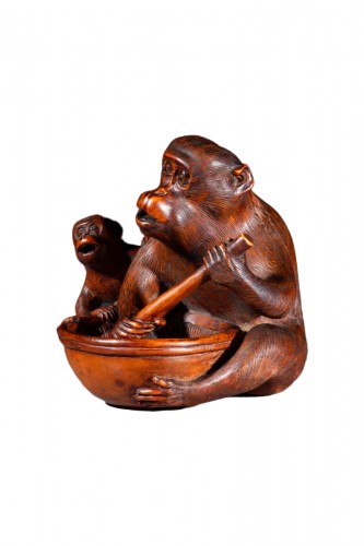 A Boxwood Okimono Depicting Two Monkeys, Signed Jigaku